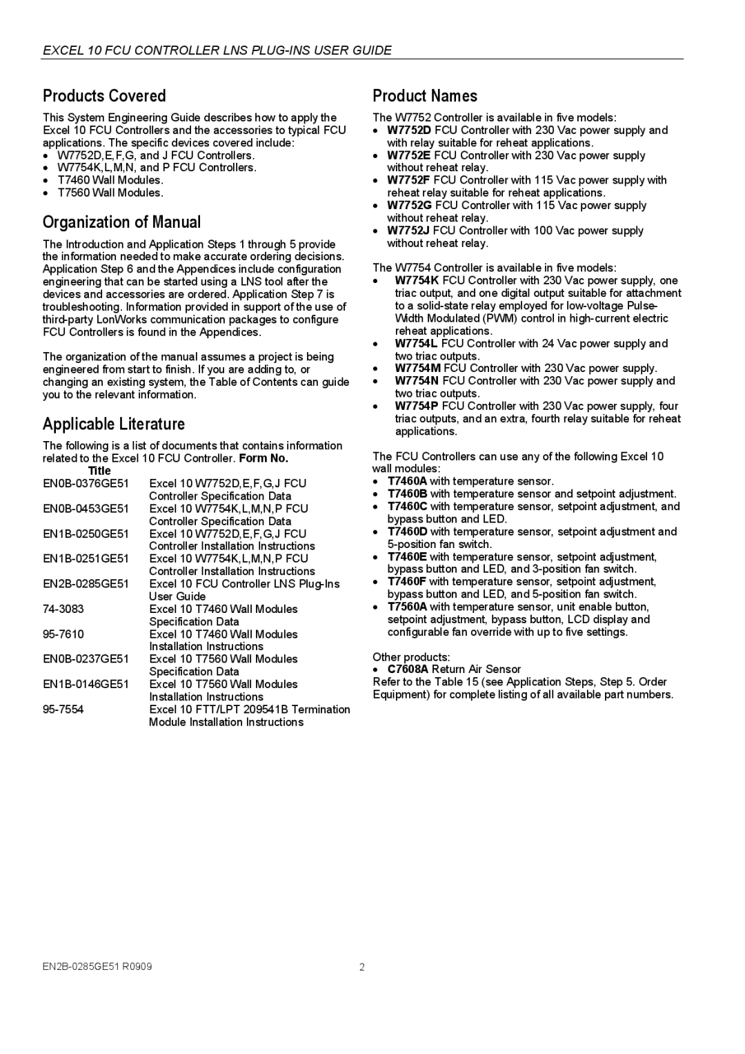 Honeywell W7752D specifications Products Covered, Organization of Manual, Applicable Literature, Product Names, Title 