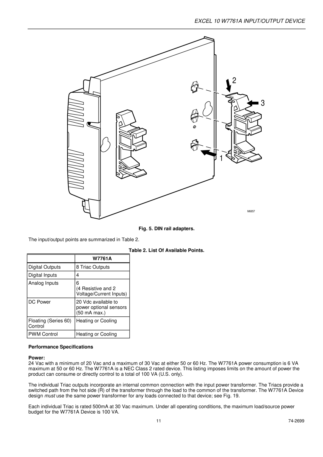 Honeywell specifications List Of Available Points W7761A, Performance Specifications Power 