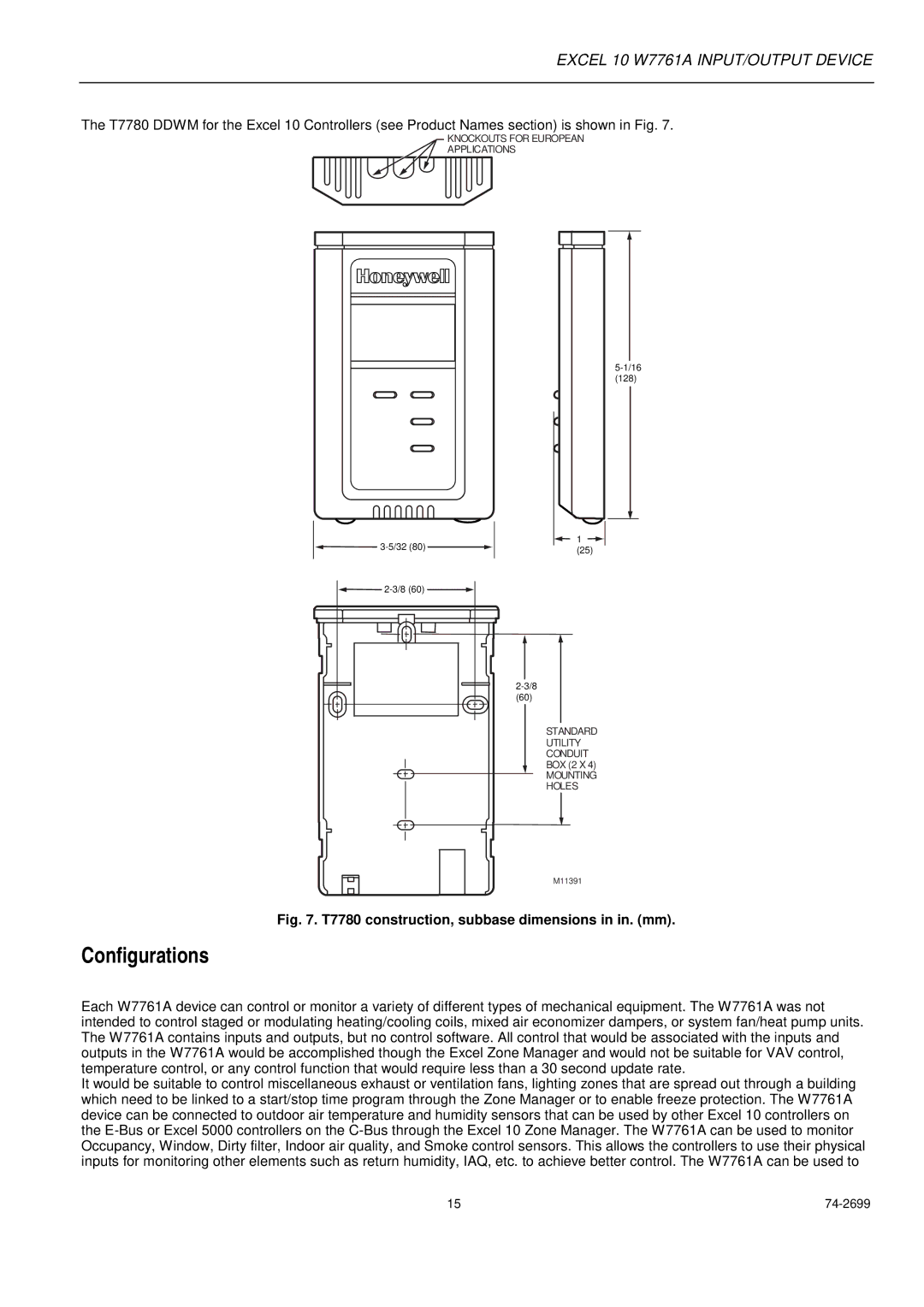 Honeywell W7761A specifications Configurations, T7780 construction, subbase dimensions in in. mm 