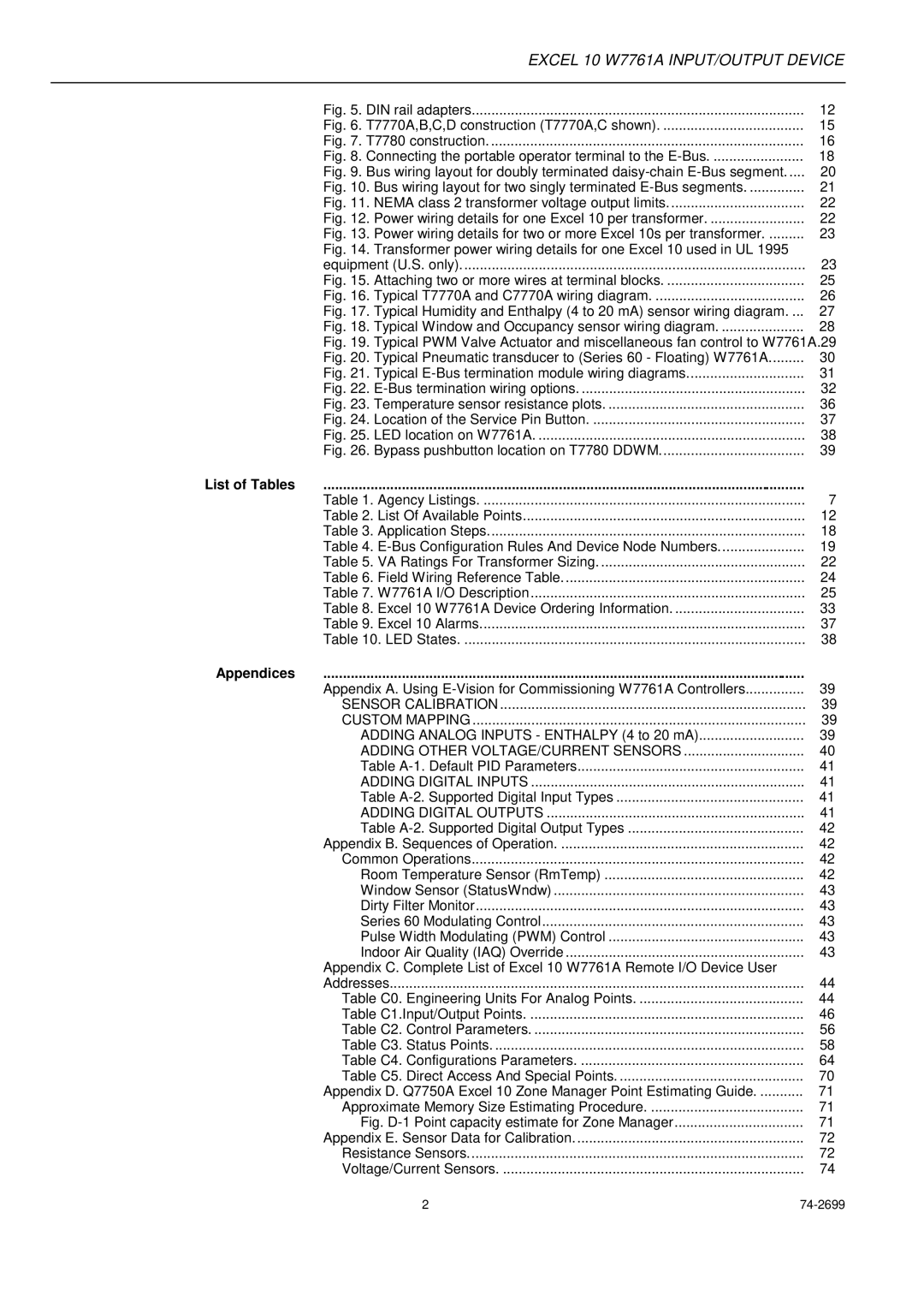 Honeywell W7761A specifications List of Tables, Appendices 