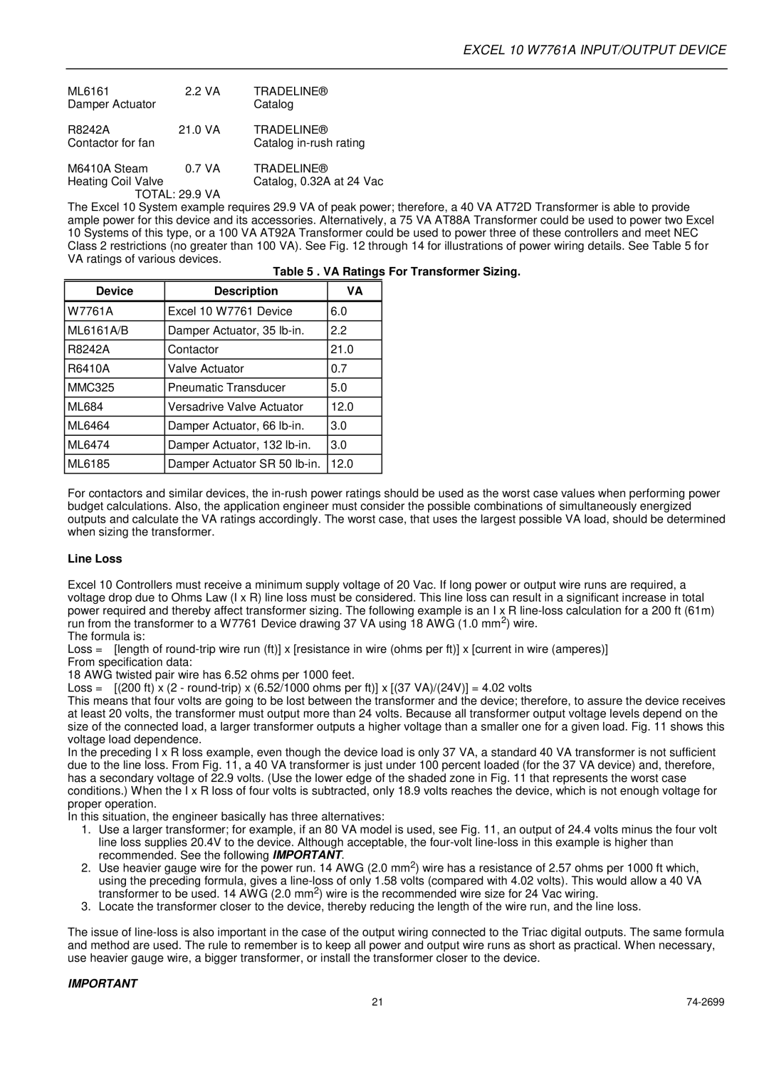 Honeywell W7761A specifications VA Ratings For Transformer Sizing Device Description, Line Loss 