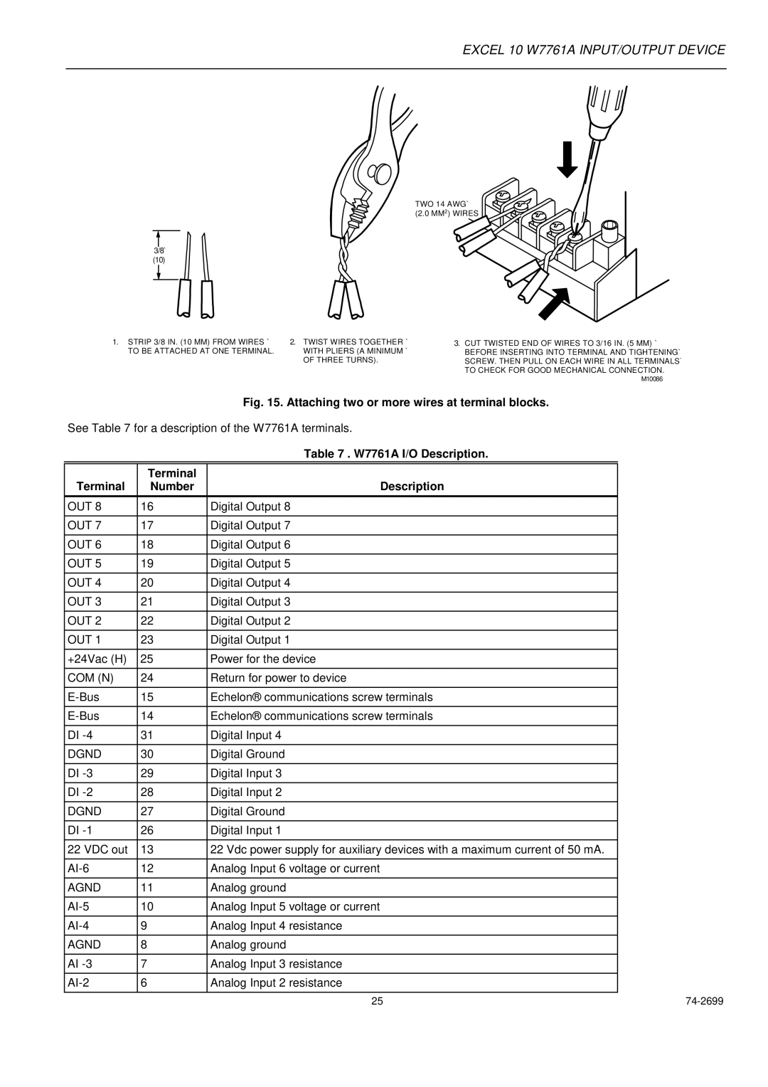 Honeywell specifications W7761A I/O Description, Terminal Number Description 