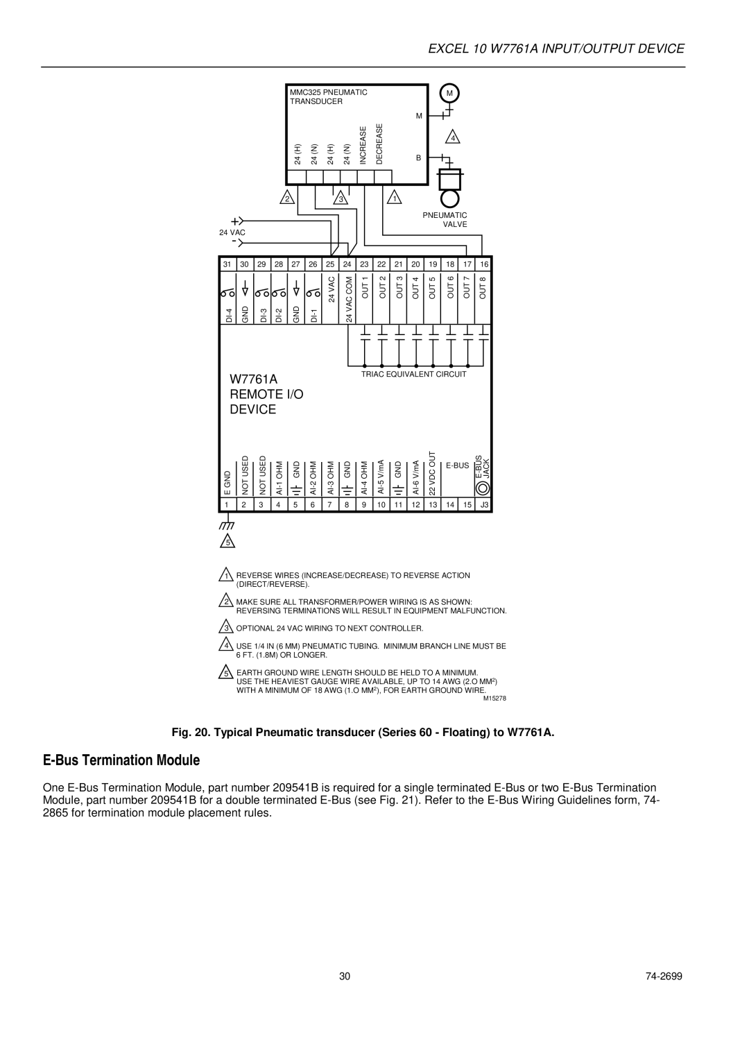 Honeywell specifications Bus Termination Module, Typical Pneumatic transducer Series 60 Floating to W7761A 