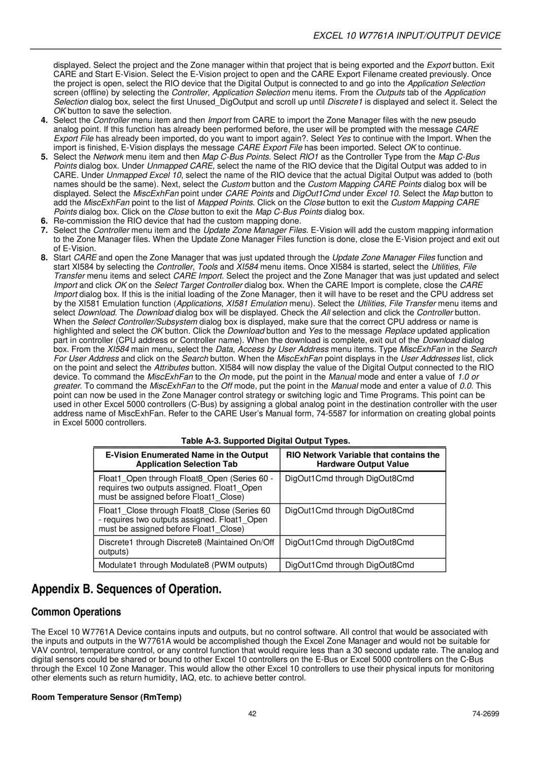 Honeywell W7761A specifications Appendix B. Sequences of Operation, Common Operations, Room Temperature Sensor RmTemp 