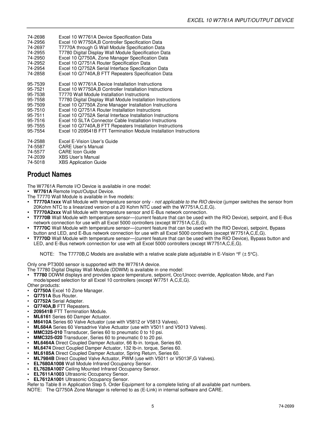 Honeywell W7761A specifications Product Names 