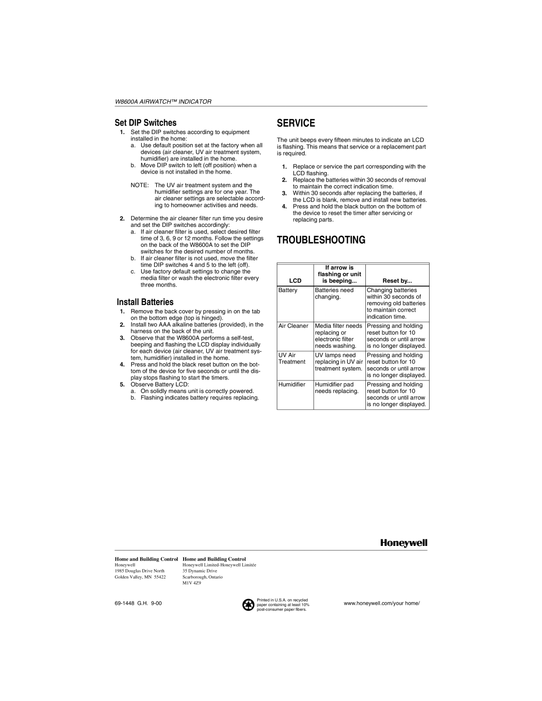 Honeywell W8600A installation instructions Service, Troubleshooting, Set DIP Switches, Install Batteries 