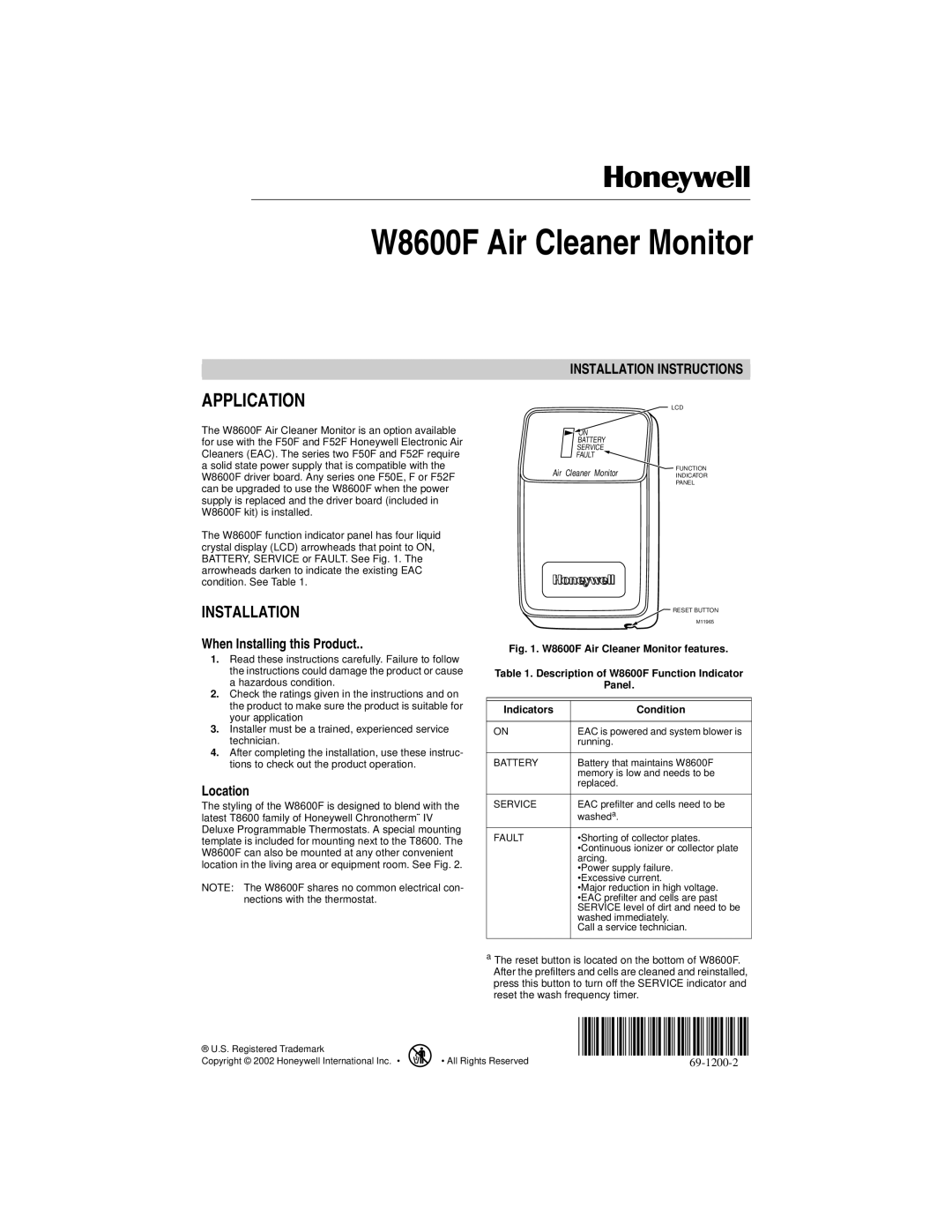 Honeywell installation instructions W8600F Air Cleaner Monitor, Application 