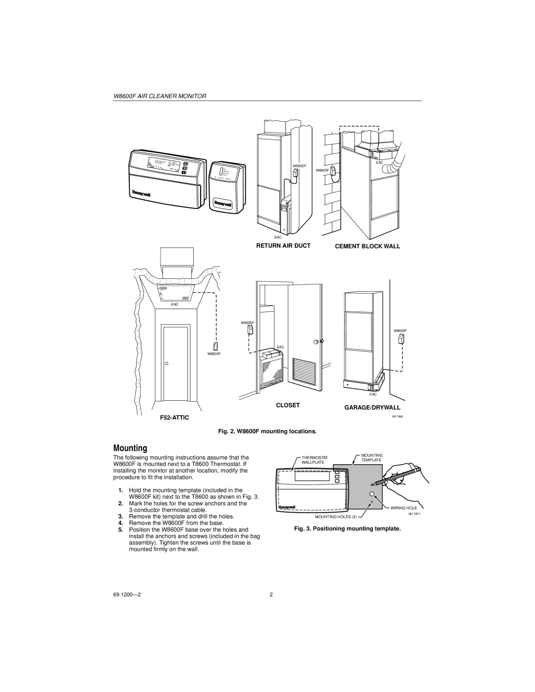 Honeywell installation instructions Mounting, W8600F mounting locations 