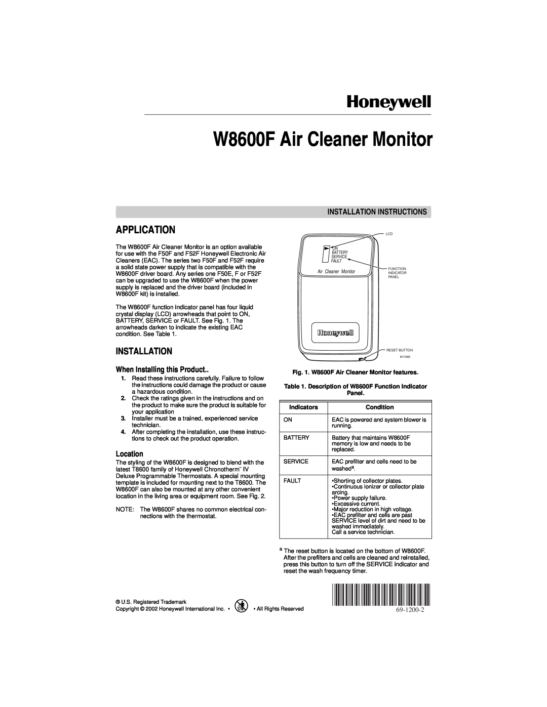 Honeywell installation instructions Application, W8600F Air Cleaner Monitor, Installation Instructions, Location 