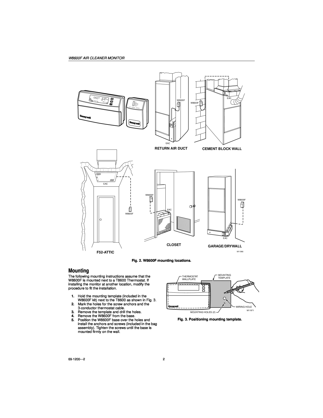 Honeywell installation instructions Mounting, W8600F AIR CLEANER MONITOR 