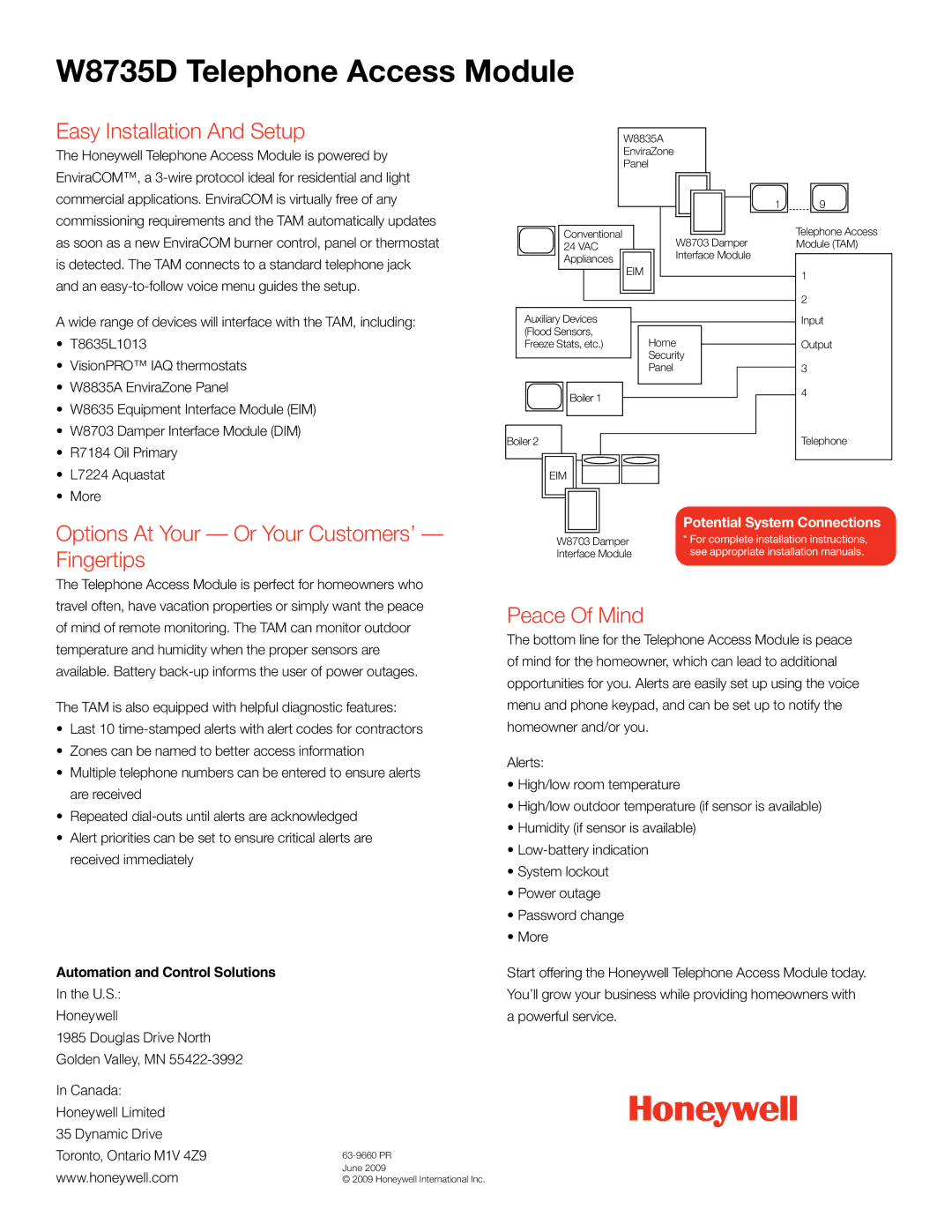 Honeywell W8735D Telephone Access Module, Easy Installation And Setup, Options At Your Or Your Customers’ Fingertips 