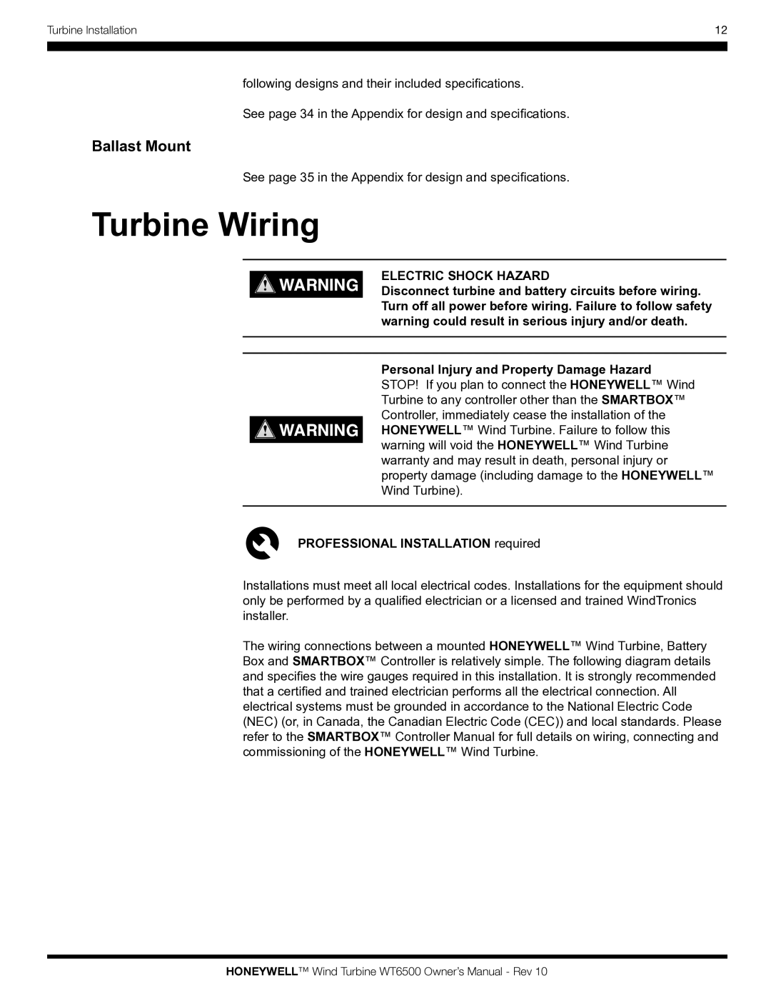 Honeywell WT6500 owner manual Turbine Wiring, Ballast Mount 