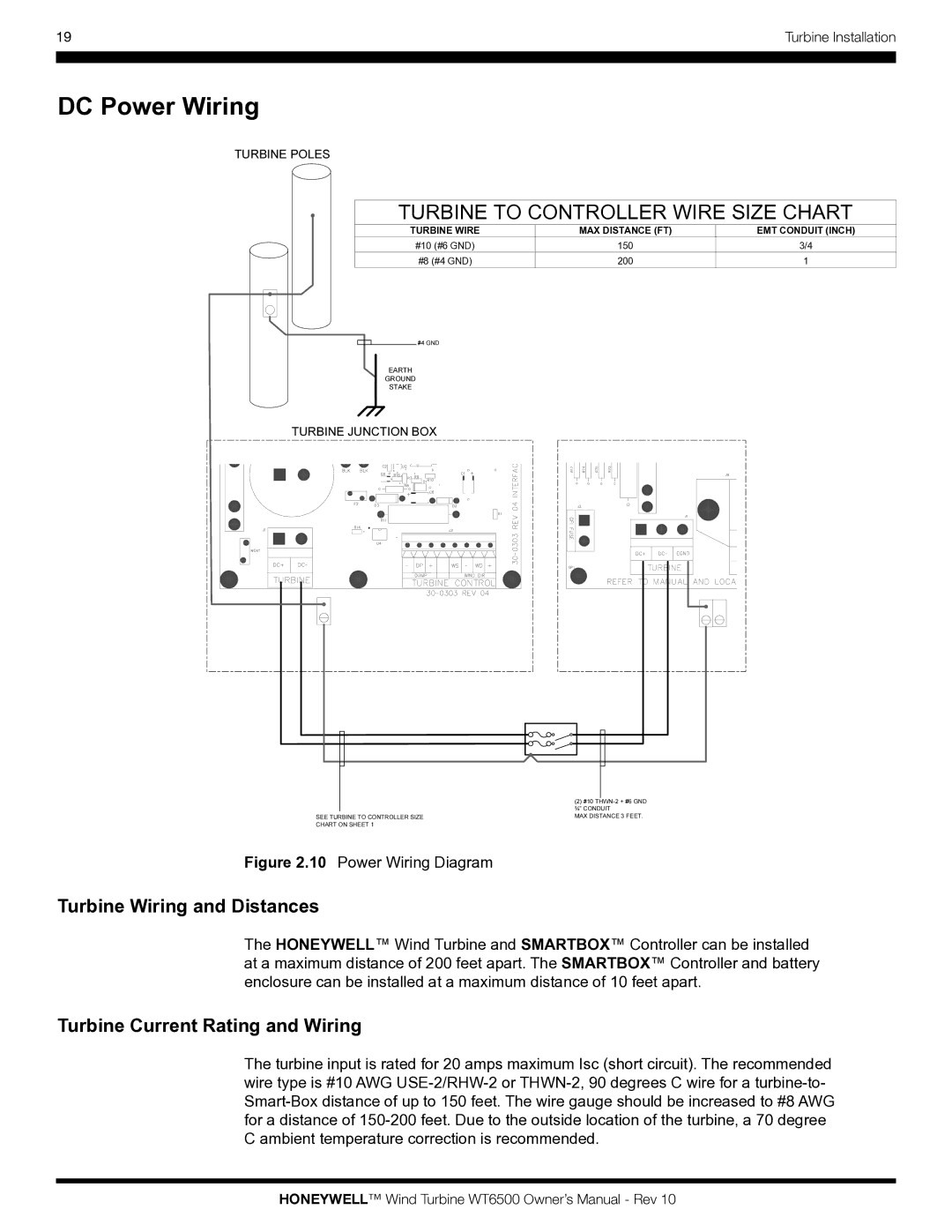 Honeywell WT6500 owner manual DC Power Wiring, Turbine Wiring and Distances, Turbine Current Rating and Wiring 