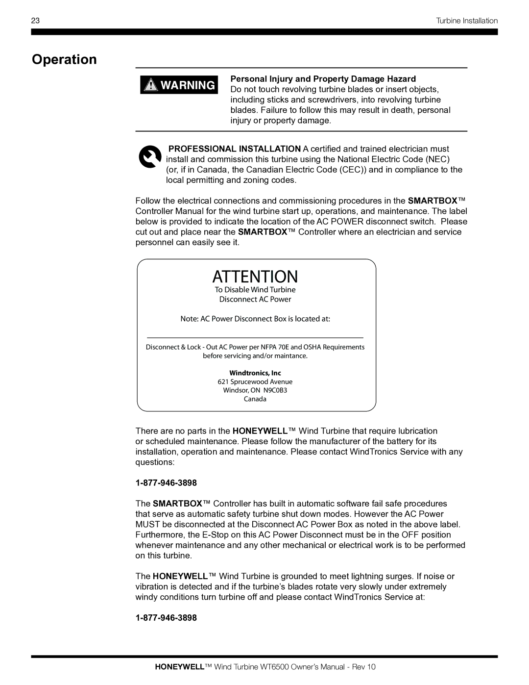 Honeywell WT6500 owner manual Operation, To Disable Wind Turbine Disconnect AC Power 