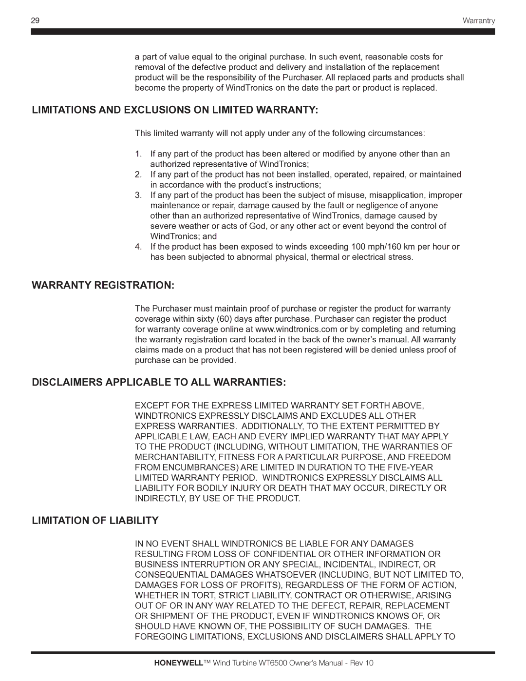 Honeywell WT6500 owner manual Limitations and Exclusions on Limited Warranty 