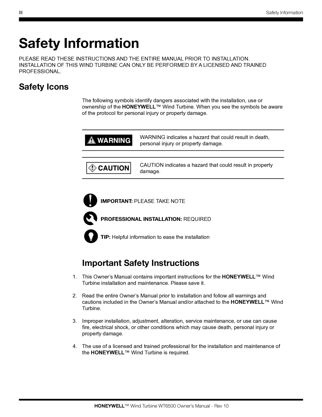 Honeywell WT6500 owner manual Safety Information, Safety Icons, Important Safety Instructions 