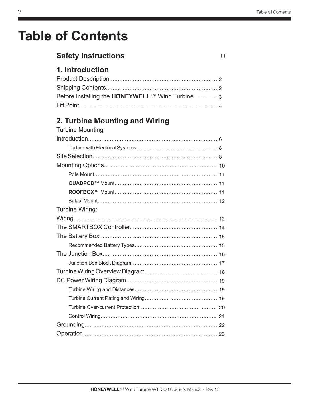 Honeywell WT6500 owner manual Table of Contents 