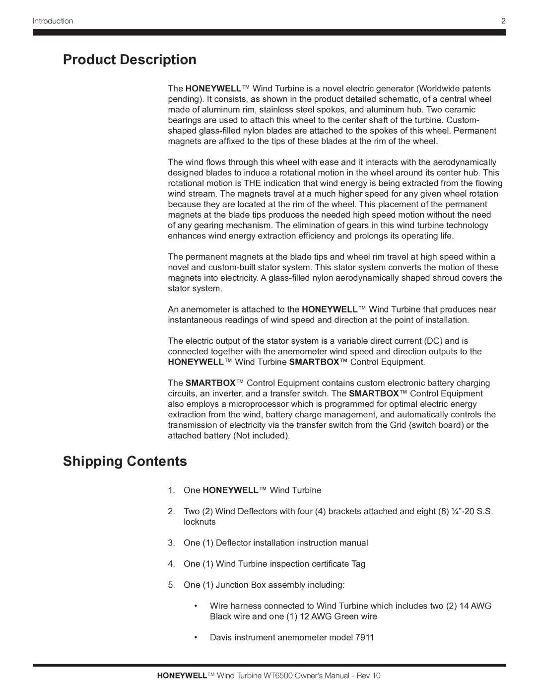 Honeywell WT6500 owner manual Product Description, Shipping Contents 