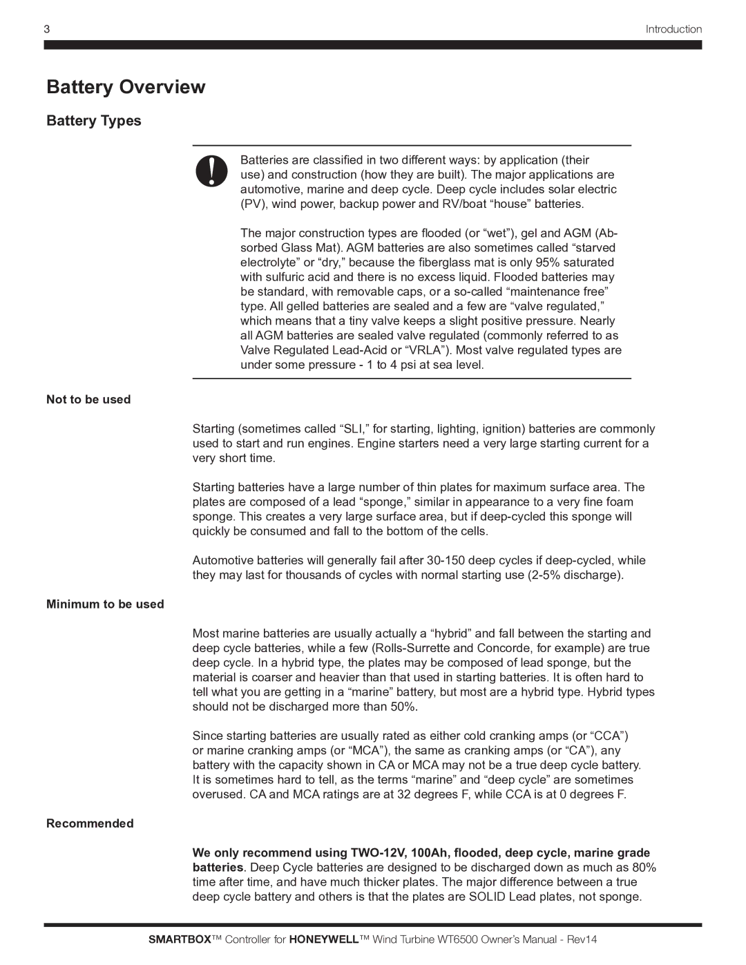 Honeywell WT6500 owner manual Battery Overview, Battery Types, Not to be used, Minimum to be used 