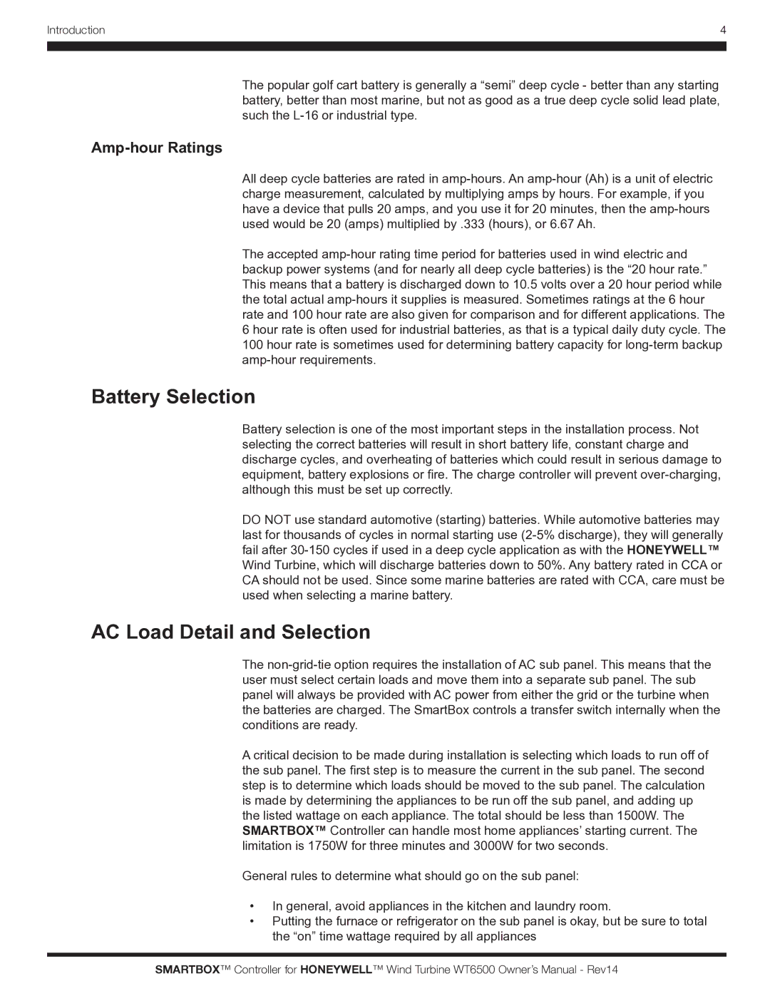 Honeywell WT6500 owner manual Battery Selection, AC Load Detail and Selection, Amp-hour Ratings 