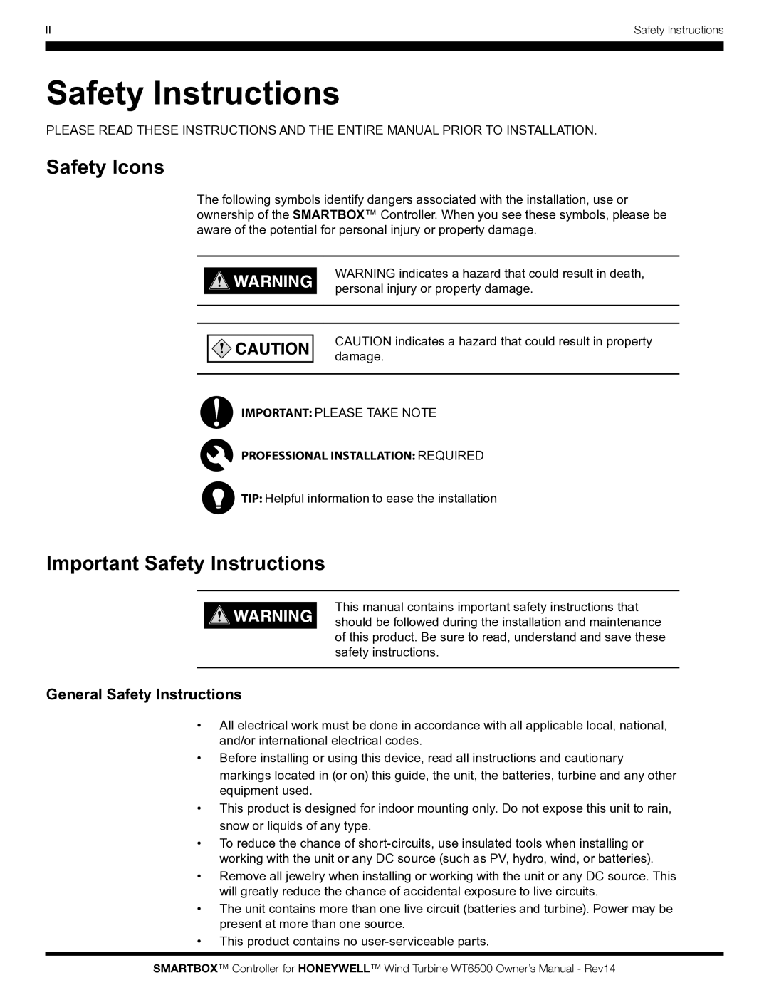 Honeywell WT6500 owner manual Safety Icons, Important Safety Instructions, General Safety Instructions 