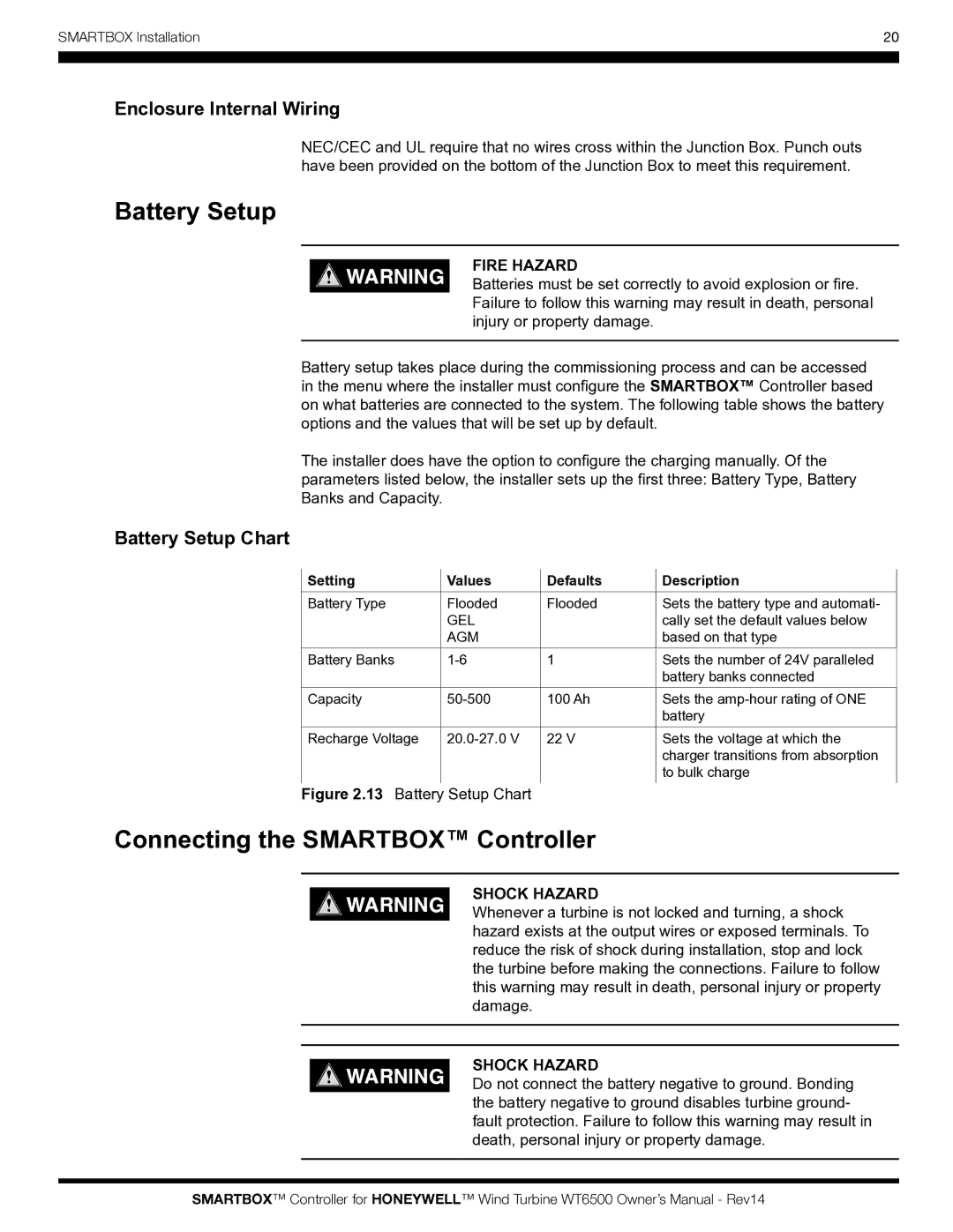 Honeywell WT6500 Connecting the Smartbox Controller, Enclosure Internal Wiring, Battery Setup Chart, Fire Hazard 