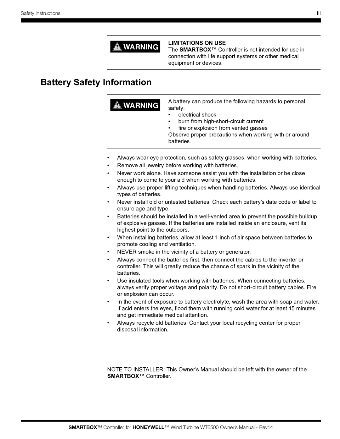 Honeywell WT6500 owner manual Battery Safety Information, Limitations on USE 