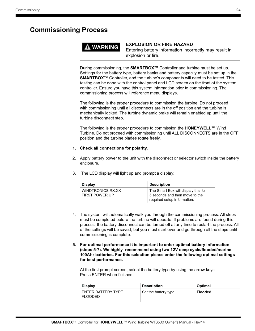 Honeywell WT6500 owner manual Commissioning Process, Check all connections for polarity, Display Description 