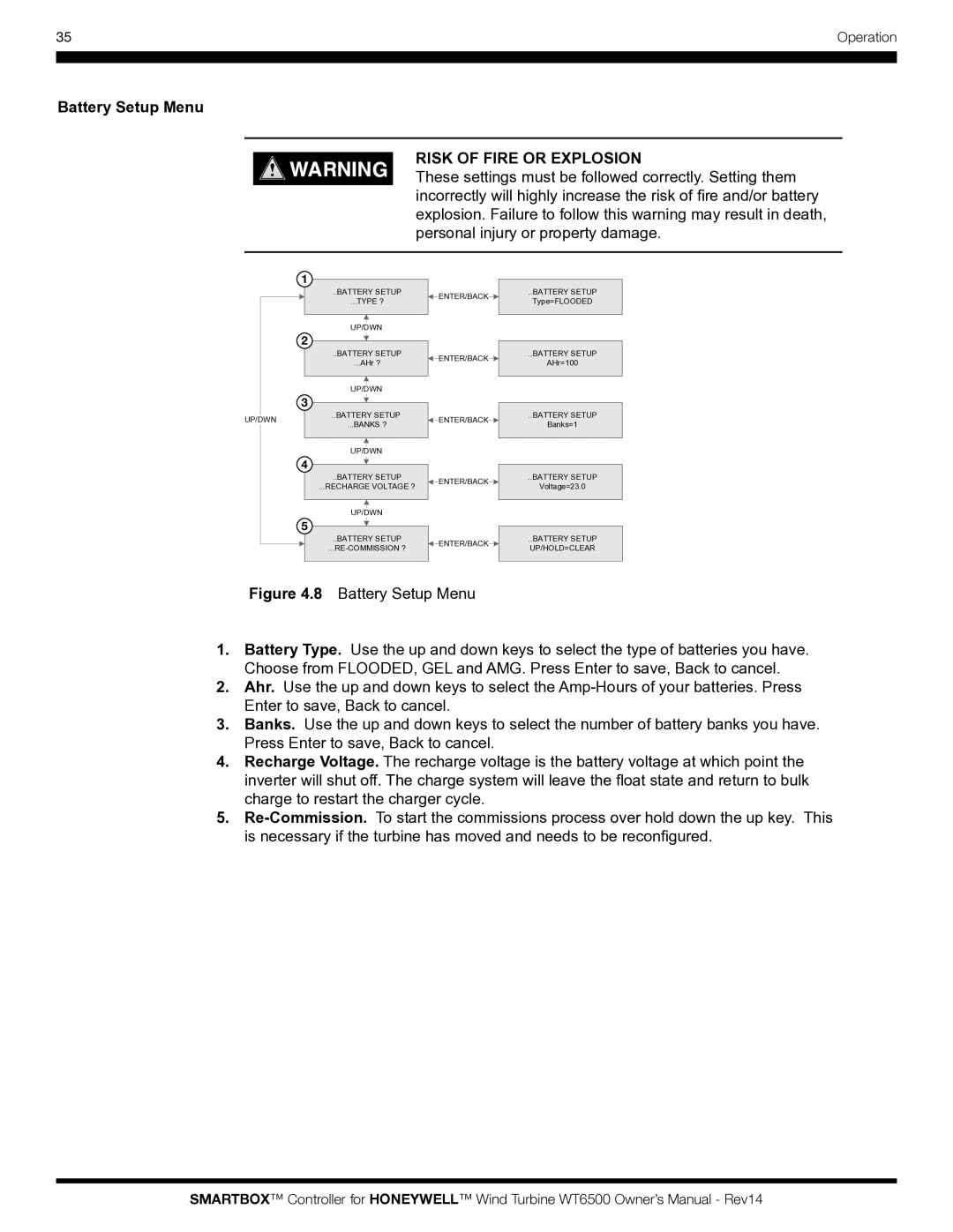 Honeywell WT6500 owner manual Battery Setup Menu, Risk of Fire or Explosion 