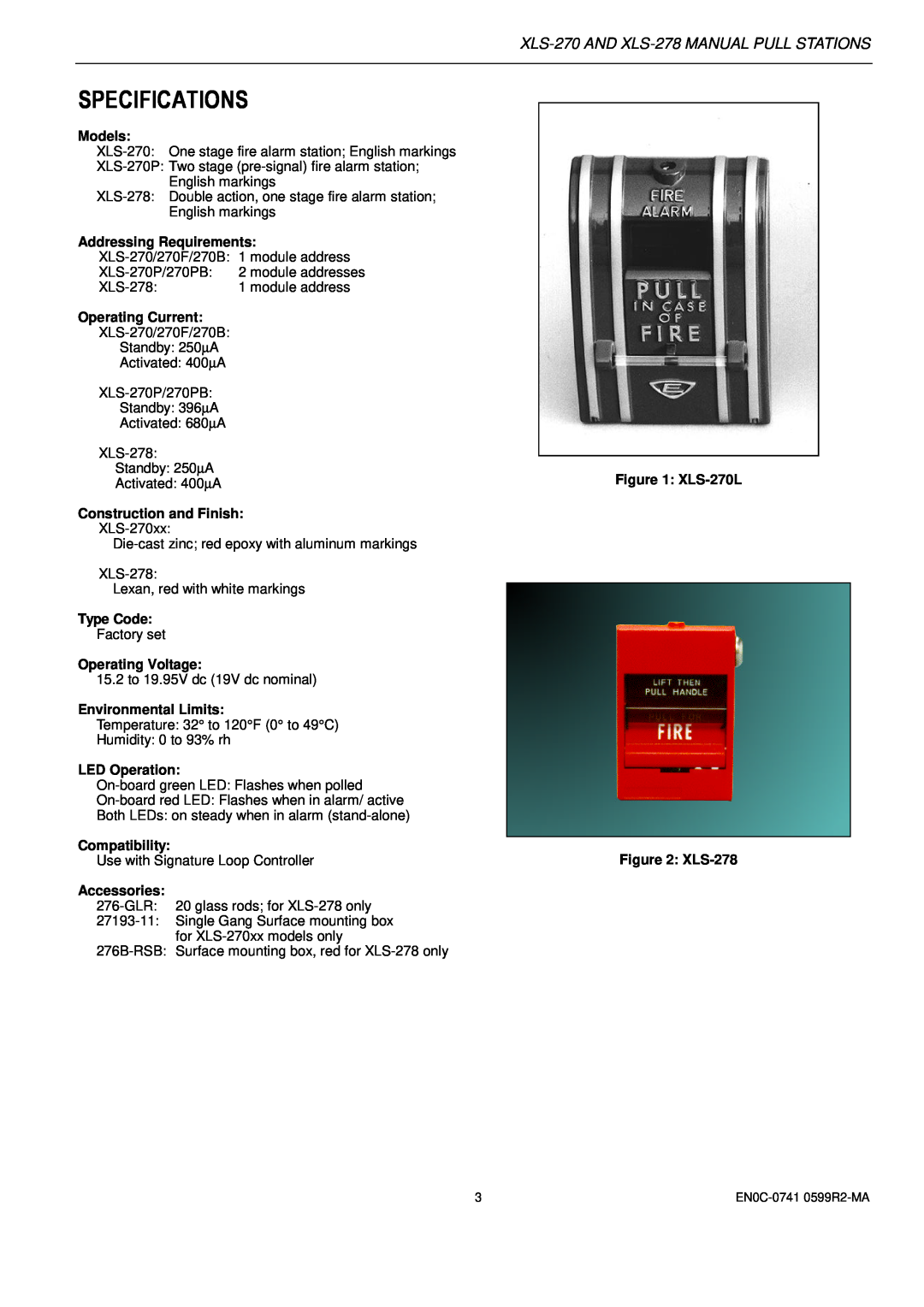 Honeywell manual Specifications, XLS-270AND XLS-278MANUAL PULL STATIONS 