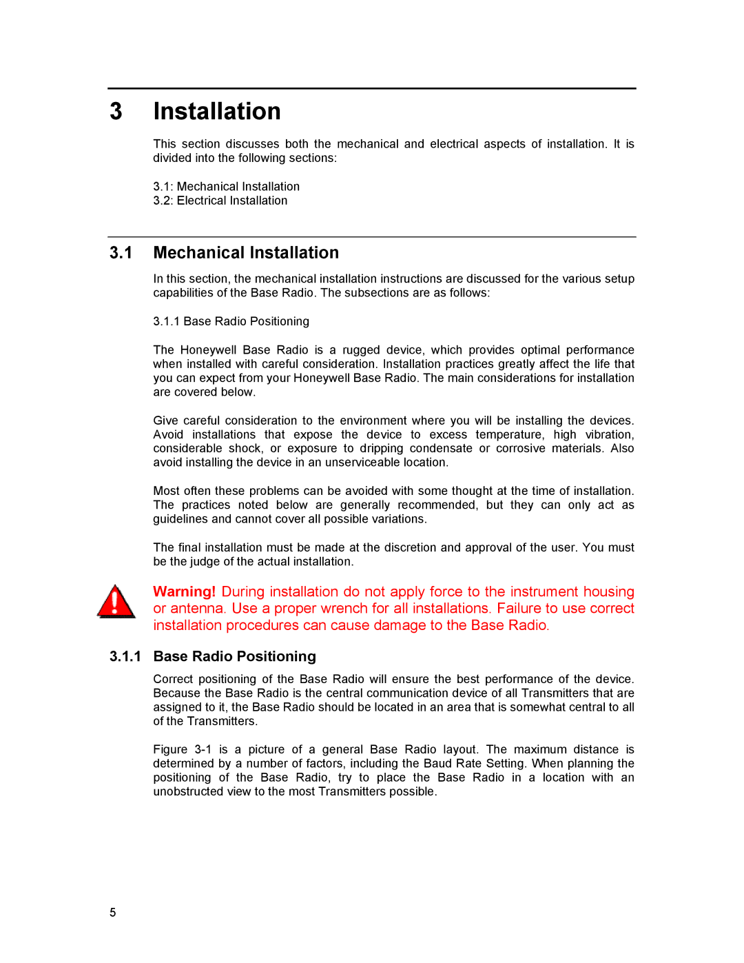 Honeywell XYR 5000 LINE manual Mechanical Installation, Base Radio Positioning 