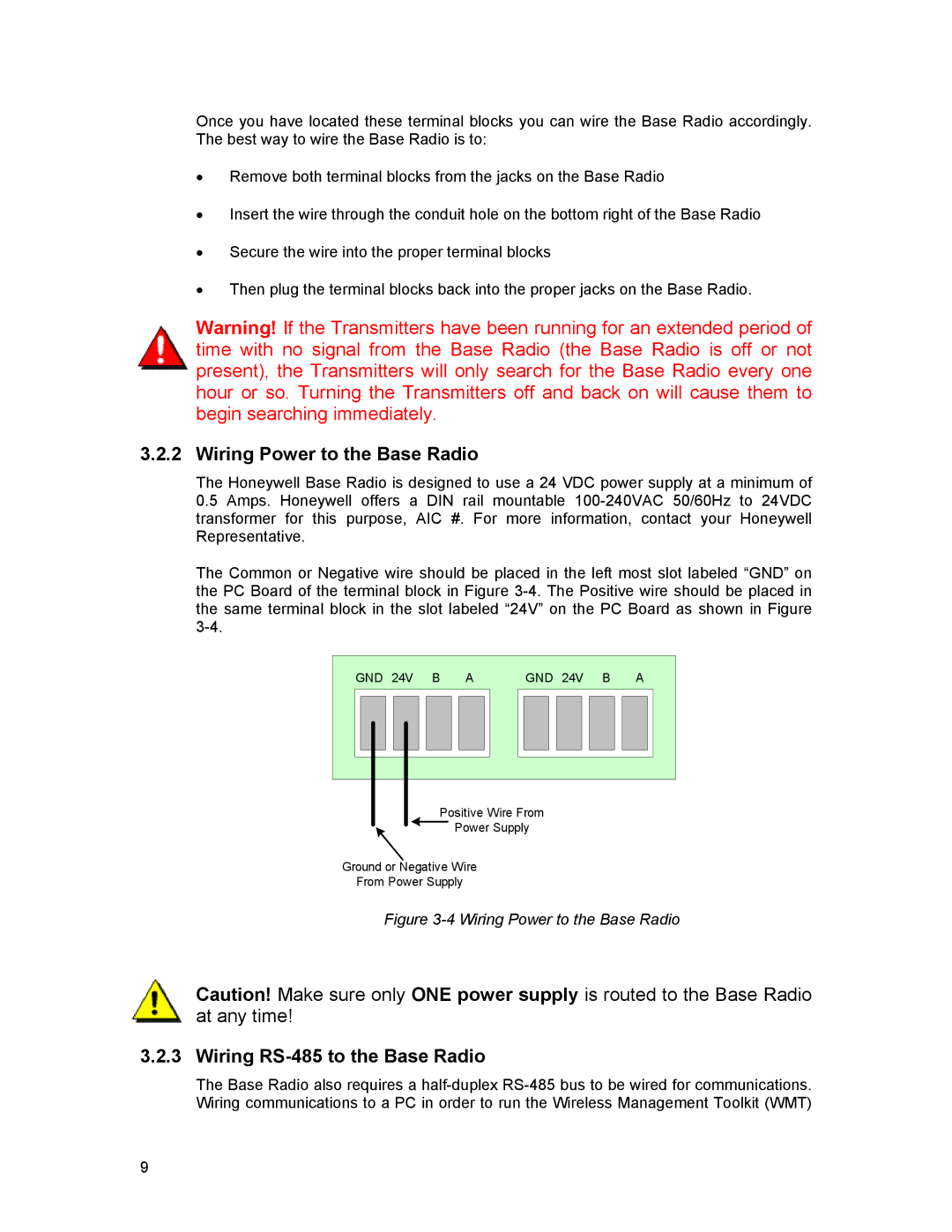 Honeywell XYR 5000 LINE manual Wiring Power to the Base Radio, Wiring RS-485 to the Base Radio 