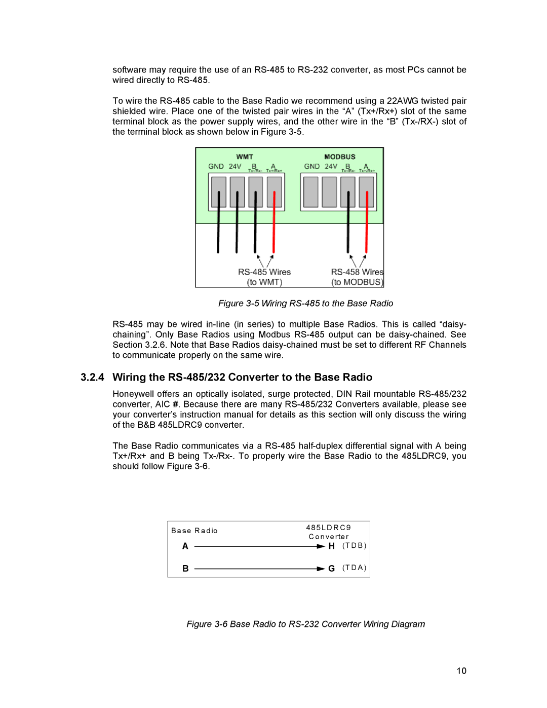 Honeywell XYR 5000 LINE manual Wiring the RS-485/232 Converter to the Base Radio, Wiring RS-485 to the Base Radio 