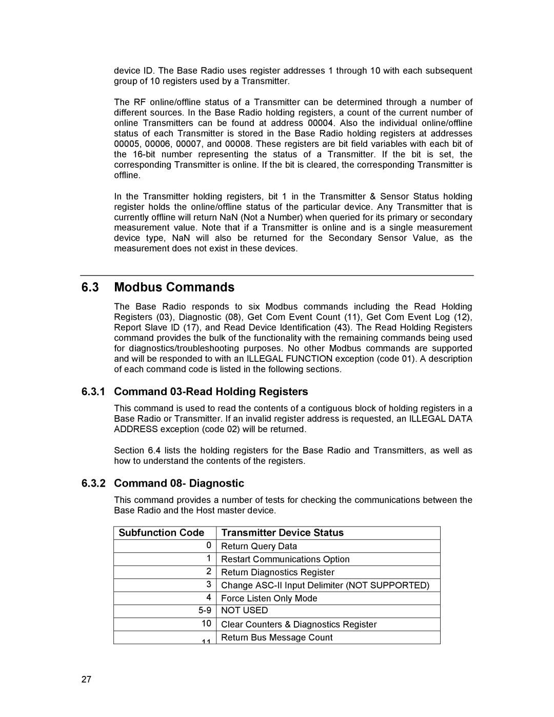 Honeywell XYR 5000 LINE manual Modbus Commands, Command 03-Read Holding Registers, Command 08- Diagnostic 