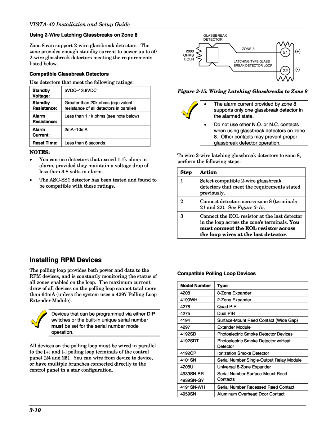 Honeywell ZyAIR G-3000 Installing RPM Devices, VISTA-40Installation and Setup Guide, 3-10, Compatible Glassbreak Detectors 