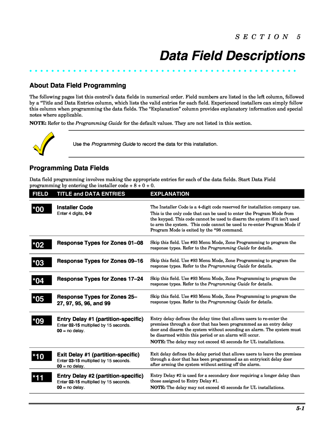 Honeywell 3.5 Data Field Descriptions, About Data Field Programming, Programming Data Fields, S E C T I O N, Explanation 