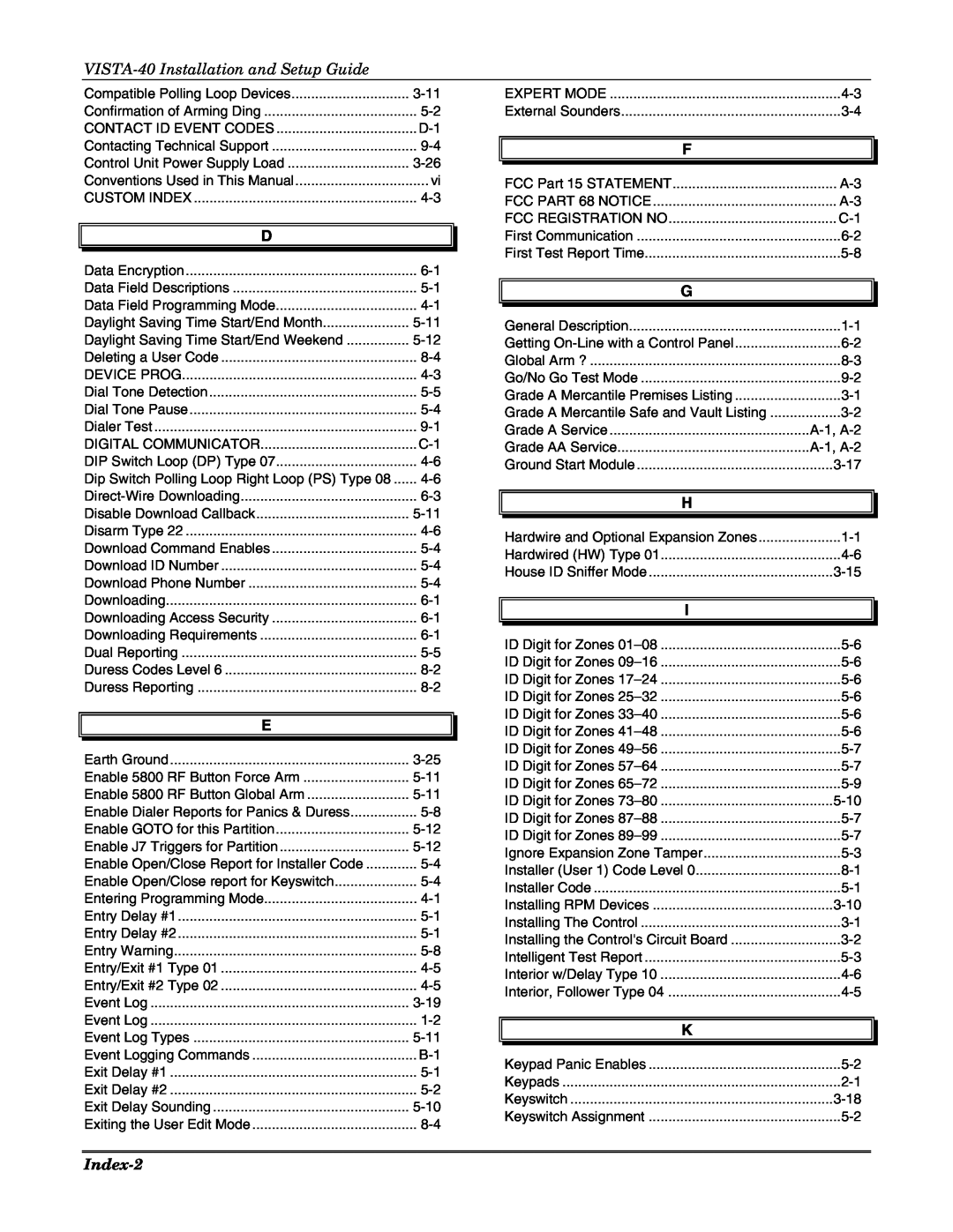 Honeywell ZyAIR G-3000, 3.5 manual VISTA-40Installation and Setup Guide, Index-2 
