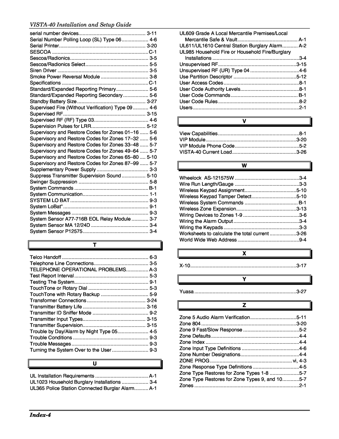 Honeywell ZyAIR G-3000, 3.5 manual VISTA-40Installation and Setup Guide, Index-4 