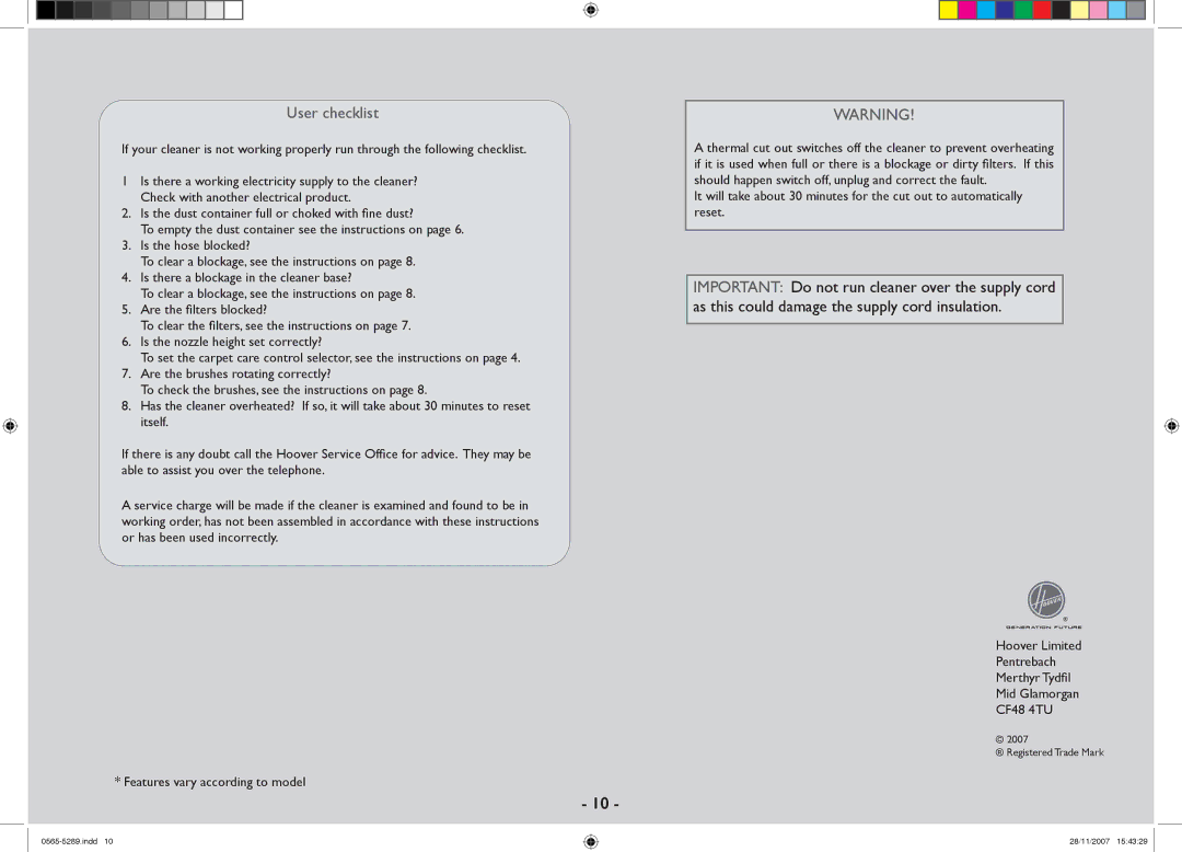 Hoover 0565-5289 manual User checklist 