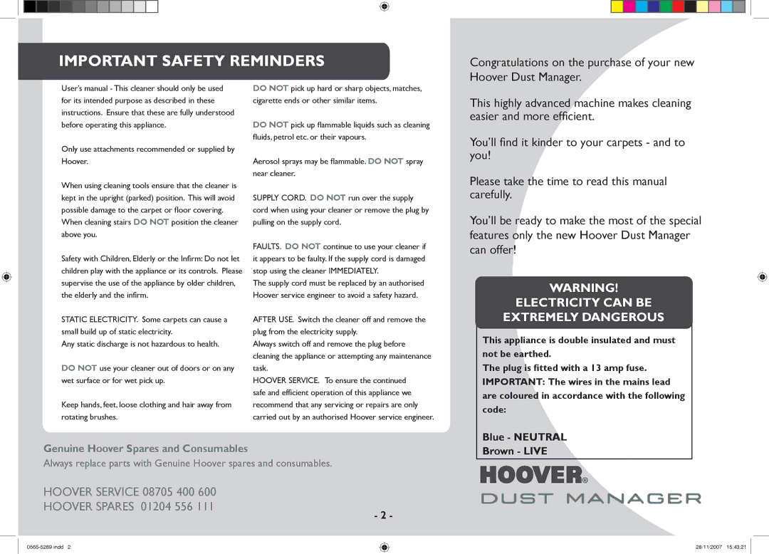 Hoover 0565-5289 manual Important Safety Reminders, Electricity can be Extremely Dangerous 