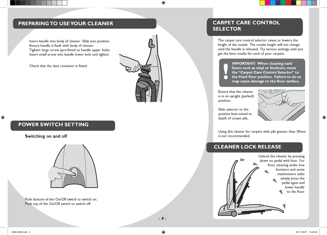 Hoover 0565-5289 Preparing to Useyour Cleaner Carpet Care Control Selector, Power Switch Setting, Cleaner Lock Release 