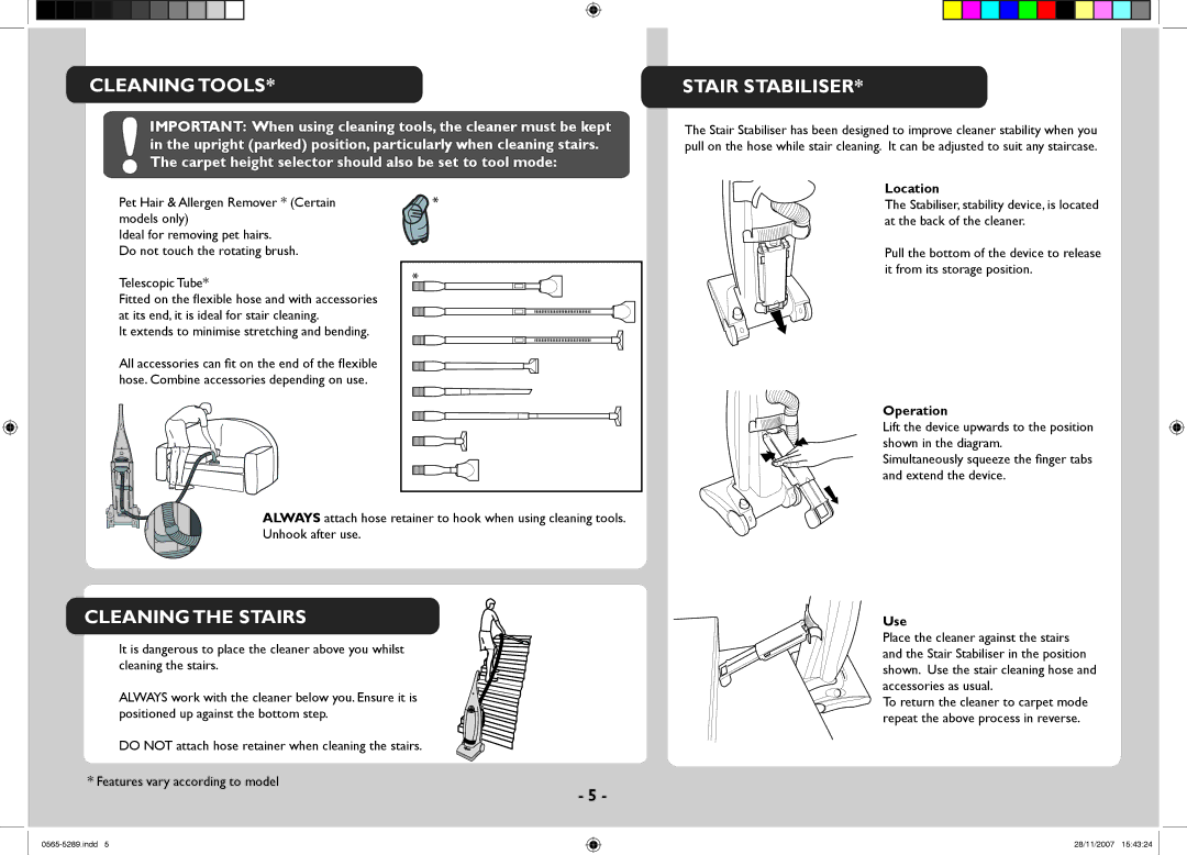 Hoover 0565-5289 manual Cleaning Tools, Stair Stabiliser, Cleaning the Stairs 