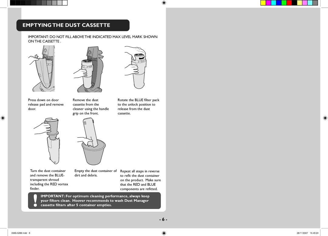 Hoover 0565-5289 manual Emptying the Dust Cassette 
