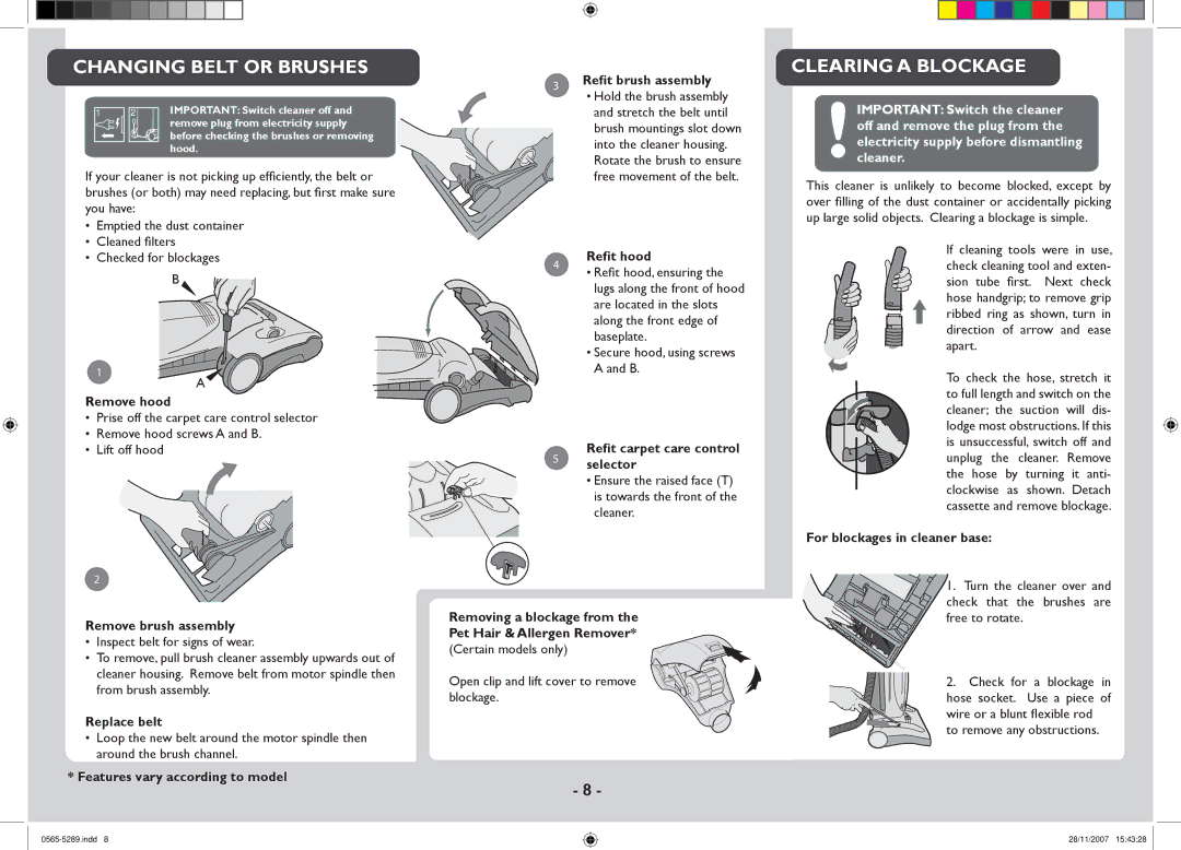 Hoover 0565-5289 manual Clearing a Blockage, Hood 