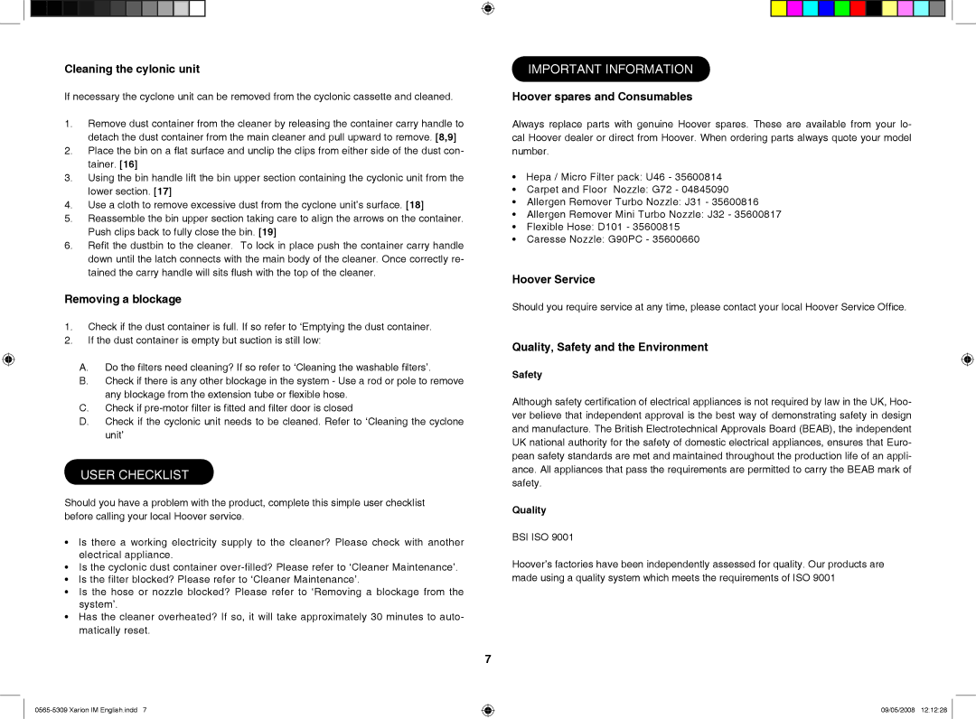 Hoover 0565-5309 instruction manual User Checklist, Important Information 