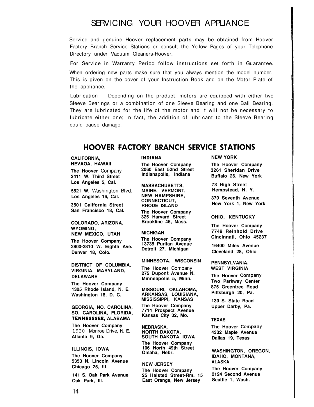 Hoover 1100 manual Servicing Your Hoover Appliance, Hoover Factory Branch Service Stations 