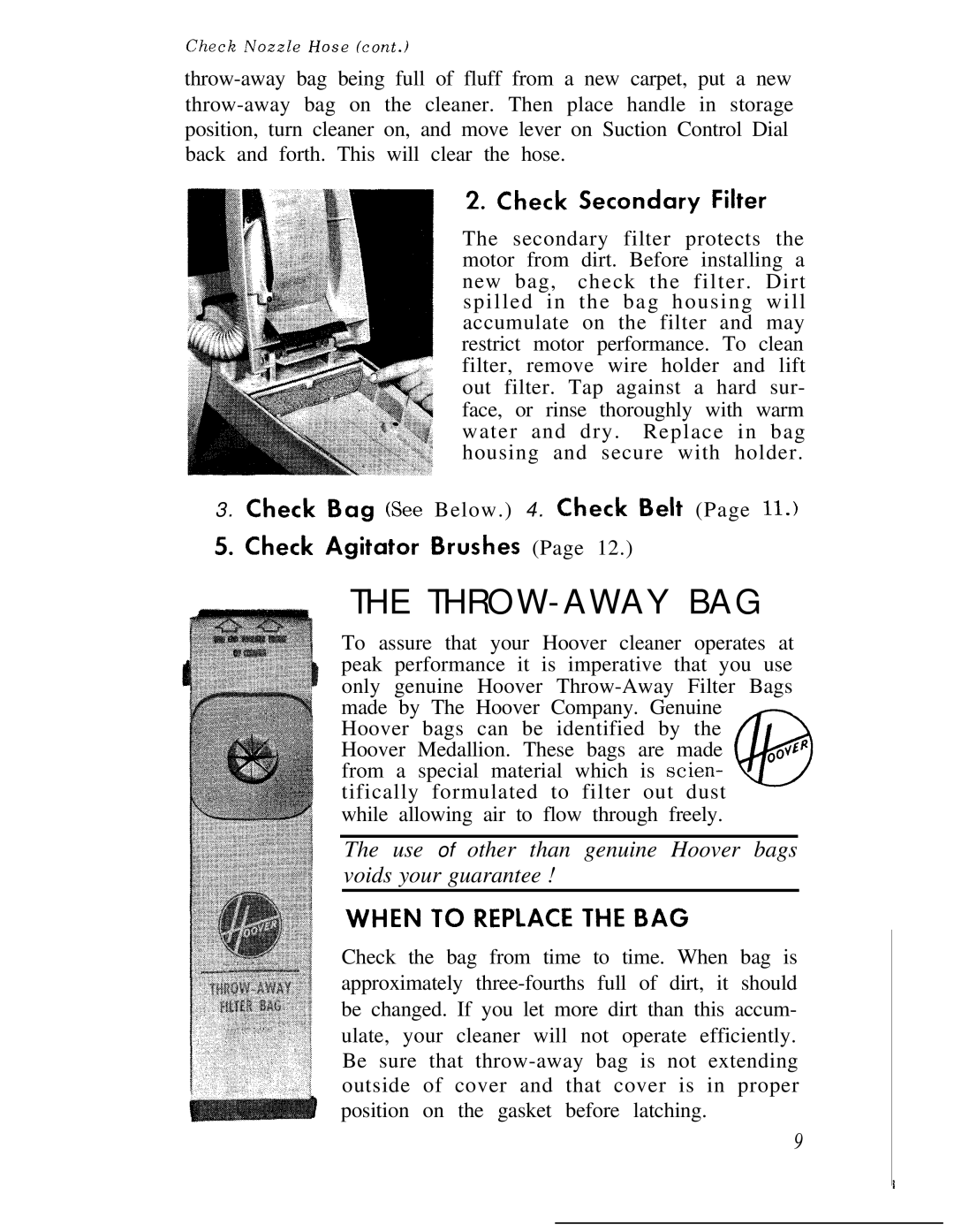 Hoover 1100 manual Throw-Away Bag, When to Replace the BAG 