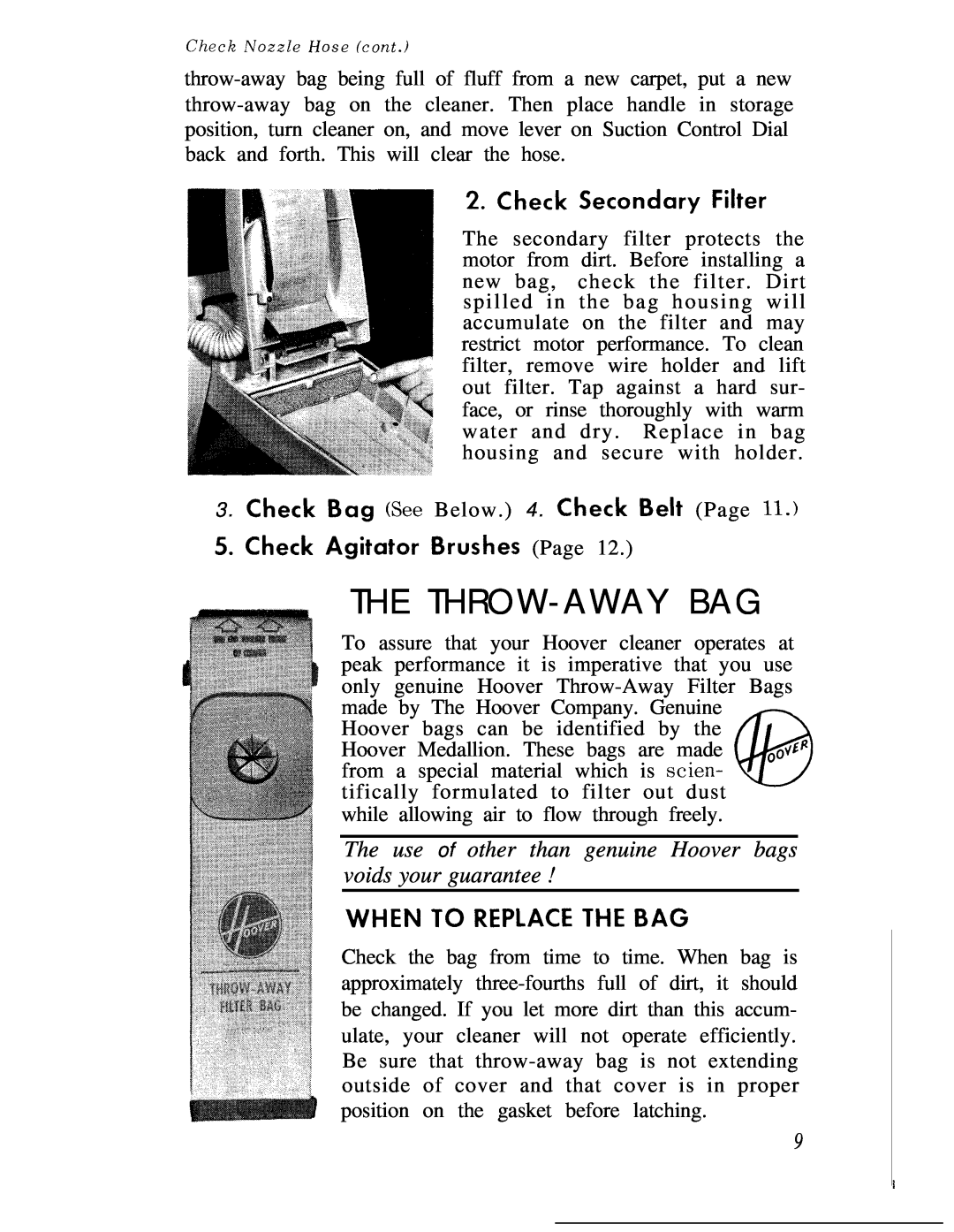 Hoover 1100 The Throw-Away Bag, The use of other than genuine Hoover bags voids your guarantee, Check Secondary Filter 