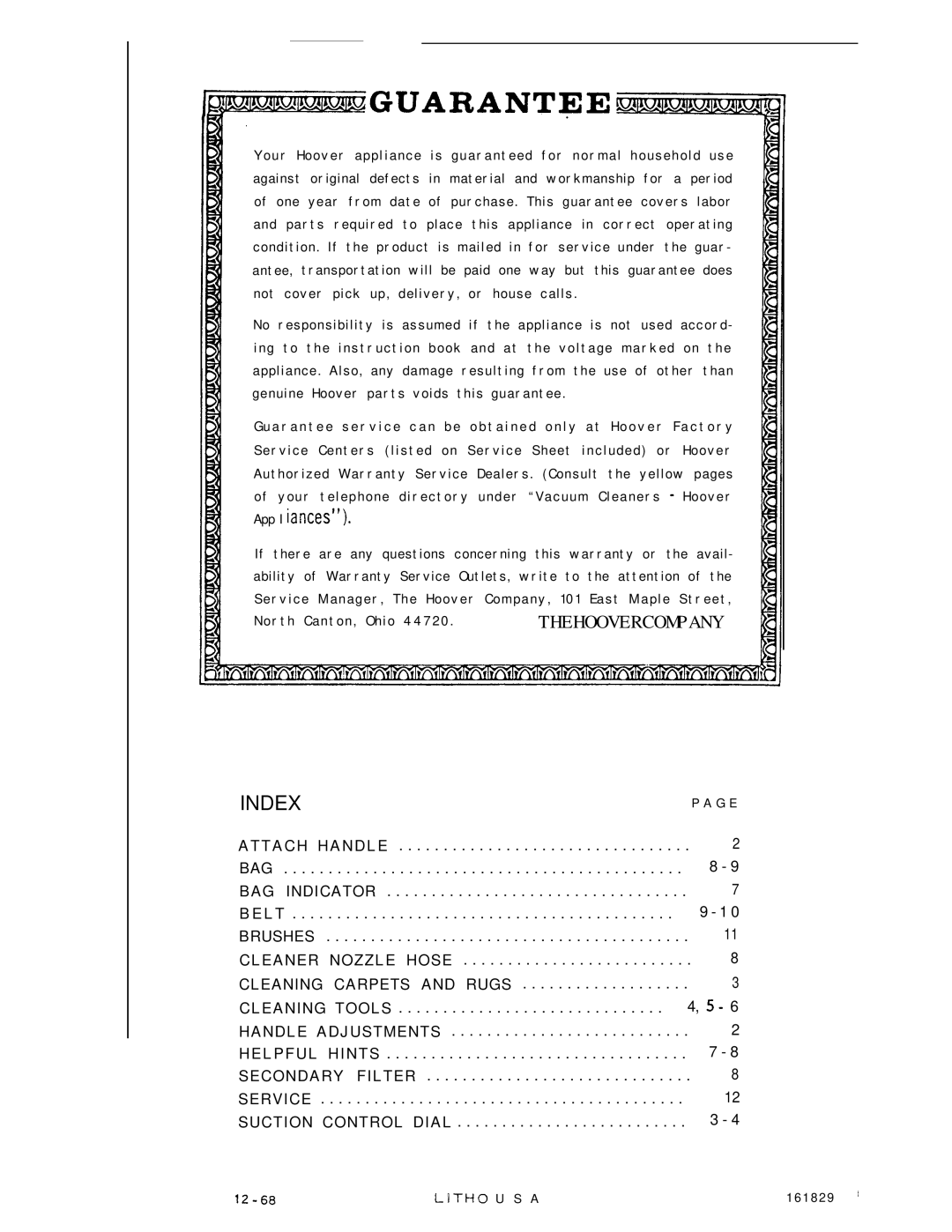 Hoover 1130 manual Index 