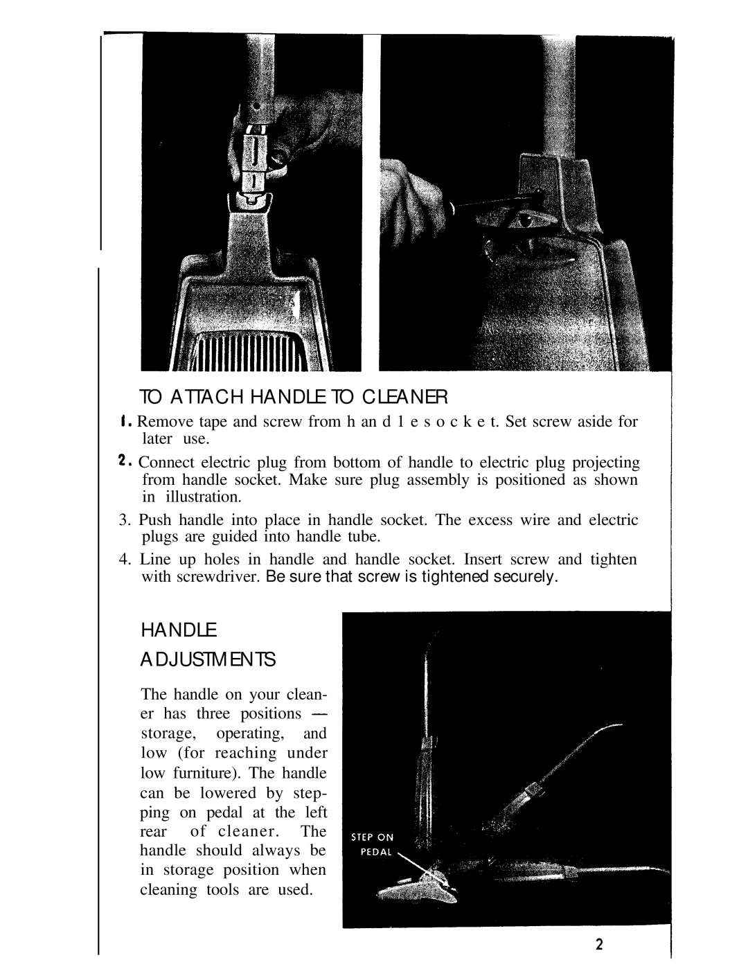 Hoover 1130 manual To Attach Handle to Cleaner, Handle Adjustments 